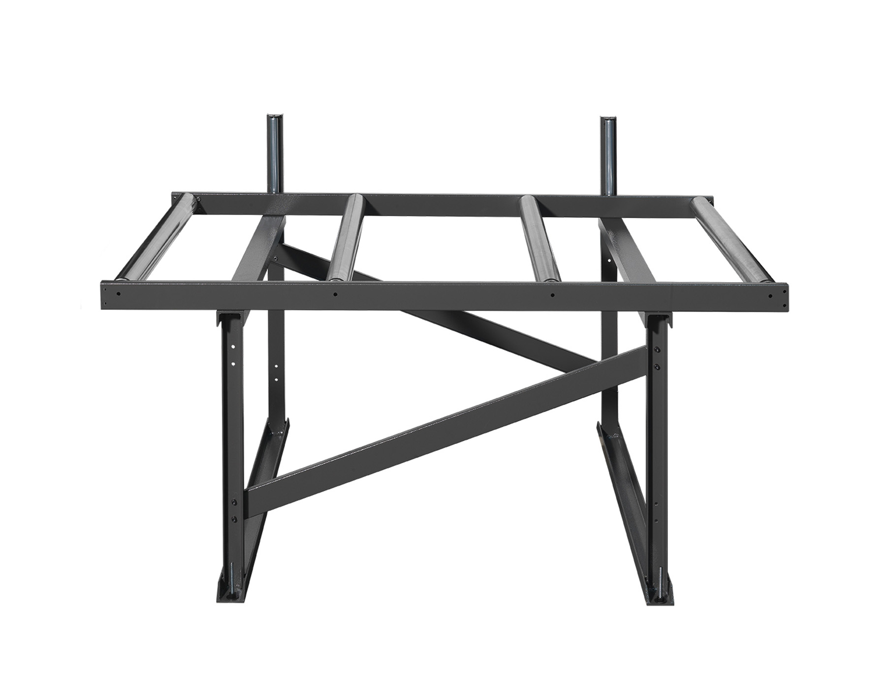 Roller track for grating and foam panels, iron or PVC rollers, carrying capacity 240 kg/m, rollers Ø 76 mm, modules can be joined with connecting plates