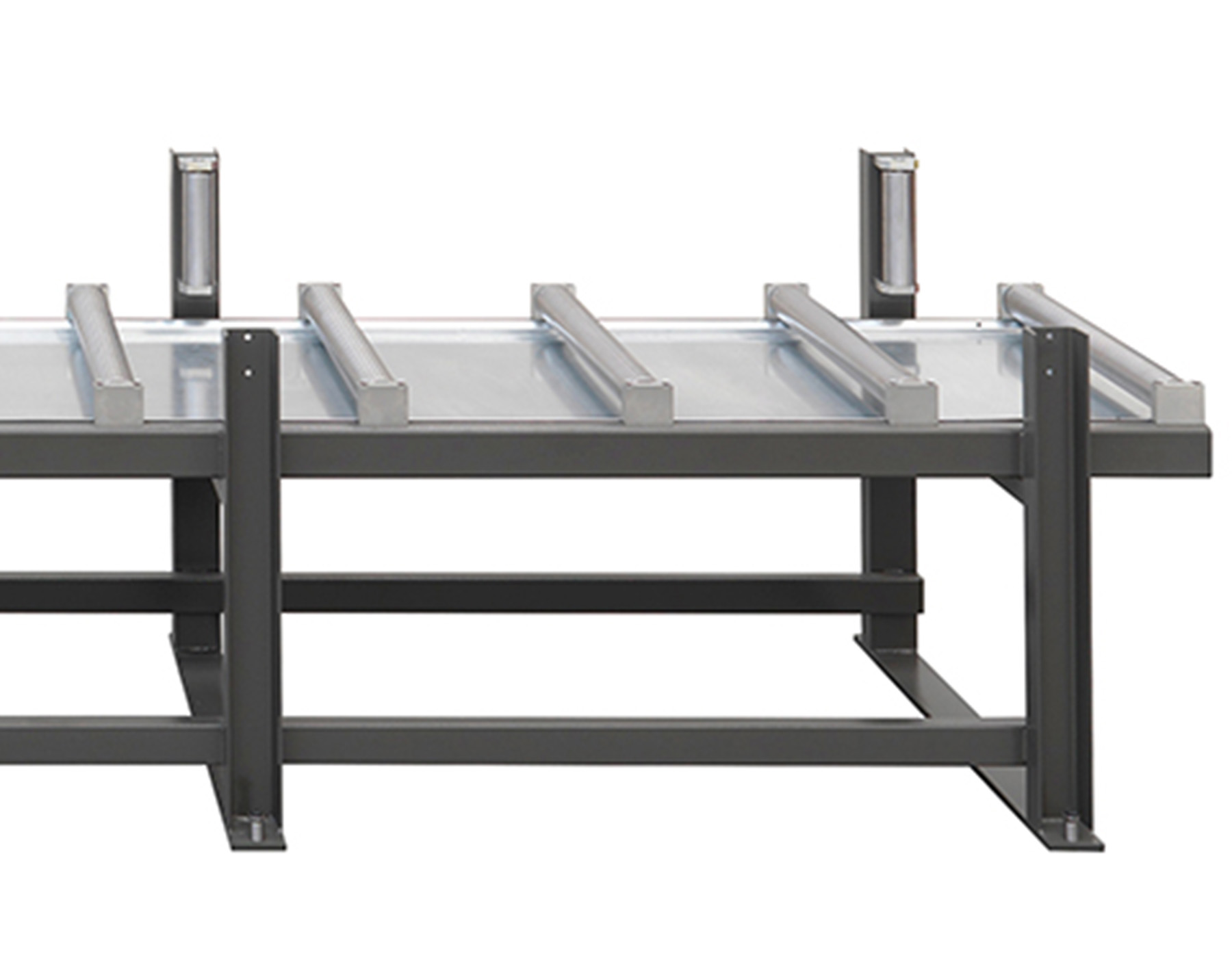 nfeed open roller track with water collection tank, carrying capacity 1200 kg/m, Ø rollers 80 mm, rollers pitch 450 mm, suitable for forklift or overhead loading