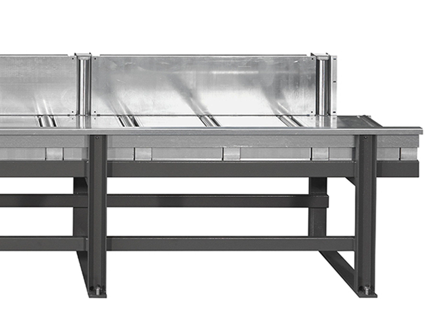 Outfeed roller track with tempered safety edges, water collection tank, removable plates between rollers, carrying capacity 1200 kg/m, Ø rollers 80 mm, rollers pitch 450/250/125 mm