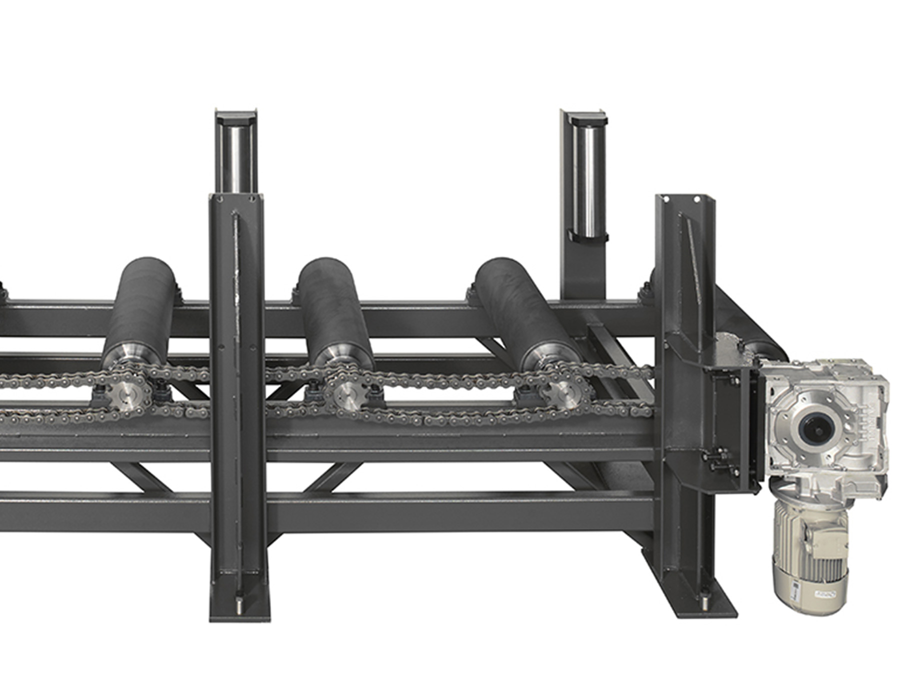 Roller track with chain transmission, carrying capacity 1200 kg/m, roller Ø 80 mm, adjustable speed RM1 3 m/min, RM2 1–6 m/min, with optional length stop device