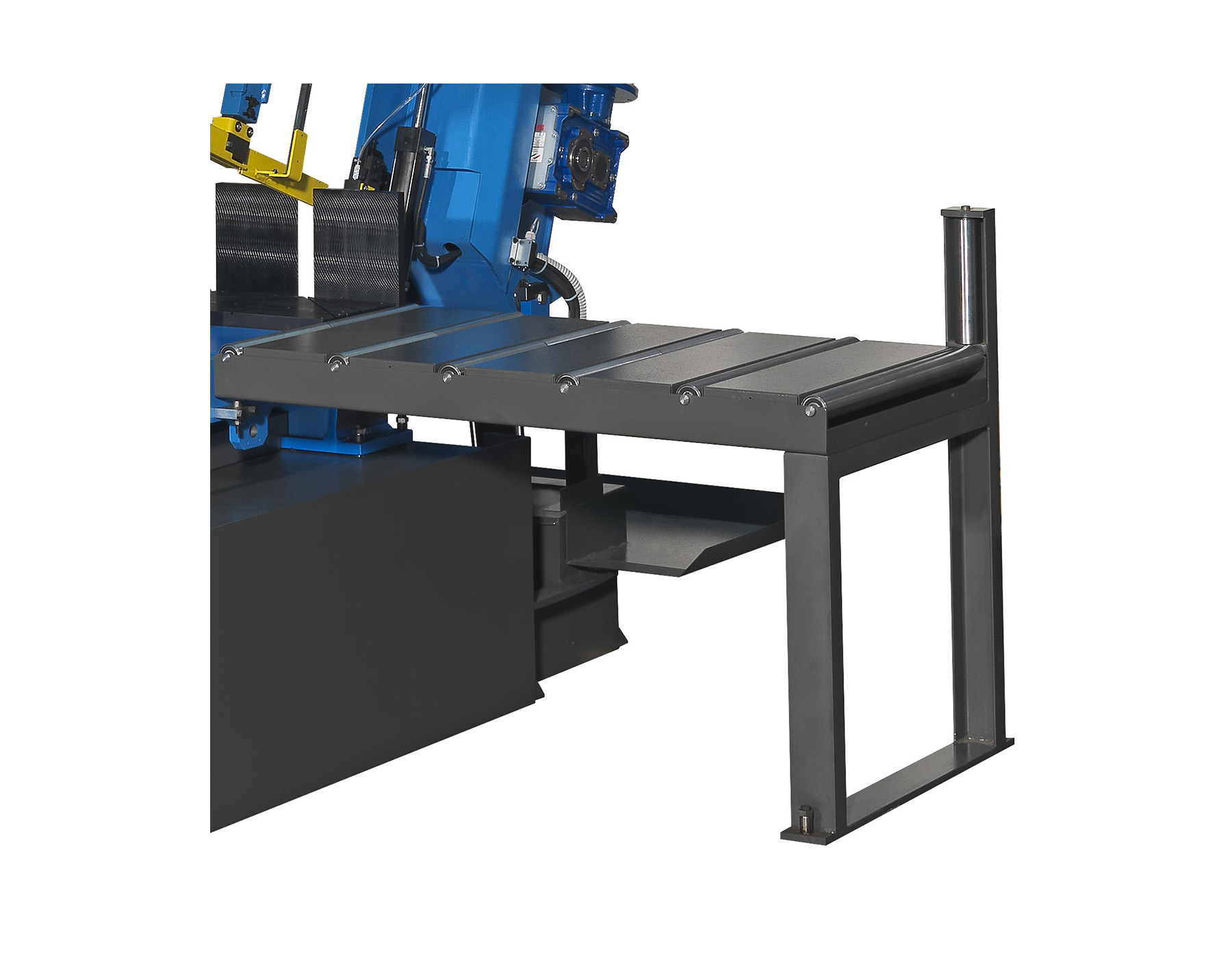 In-outfeed roller track table with removable rollers and optional pneumatic lifting for mitre bandsaws